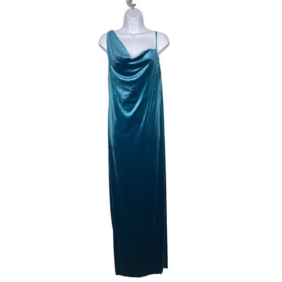 Social Bridesmaid Asymmetrical One-shoulder Velvet Maxi Slip Dress Dutch Blue S - Picture 2 of 11